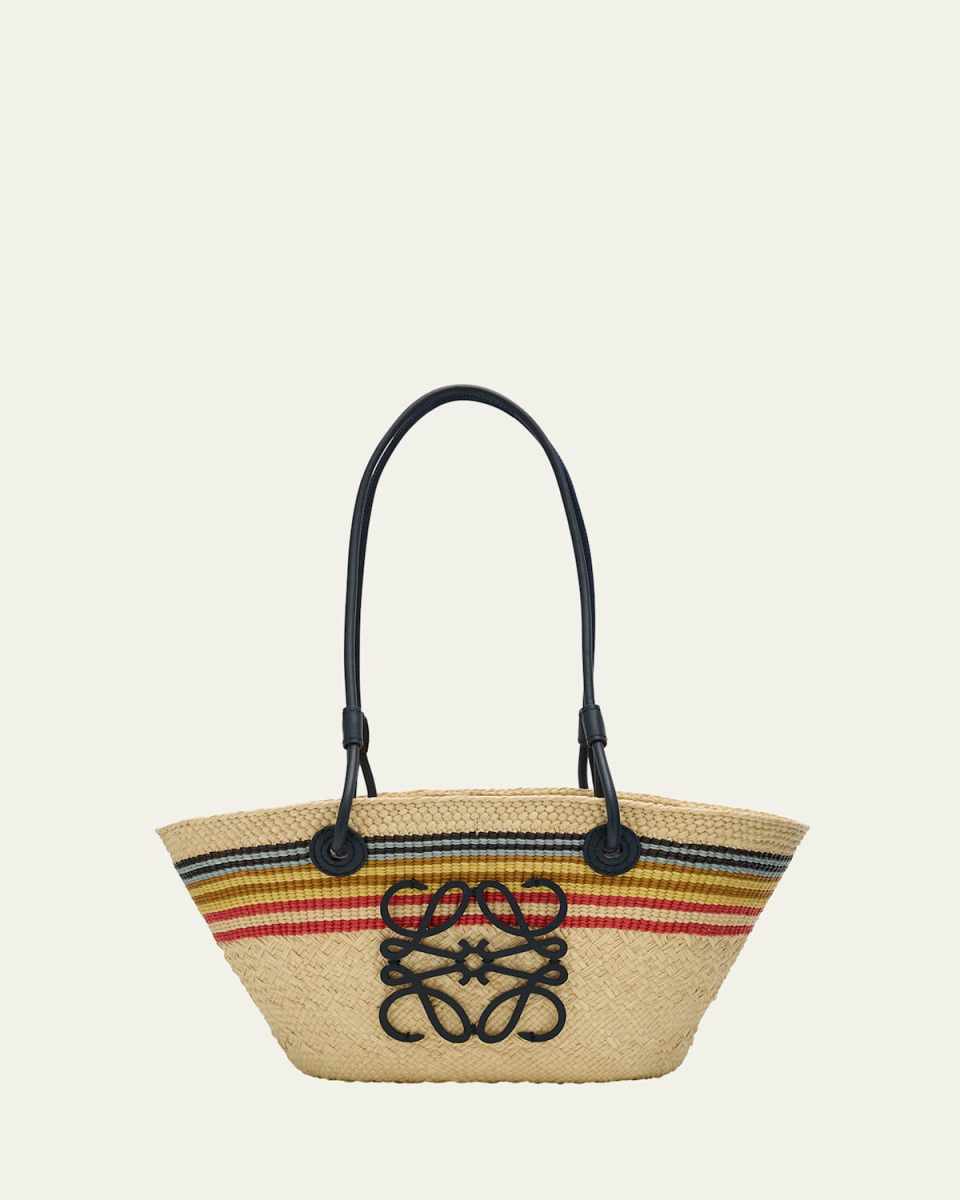 x Paula's Ibiza Small Anagram Striped Basket Tote Bag in Raffia